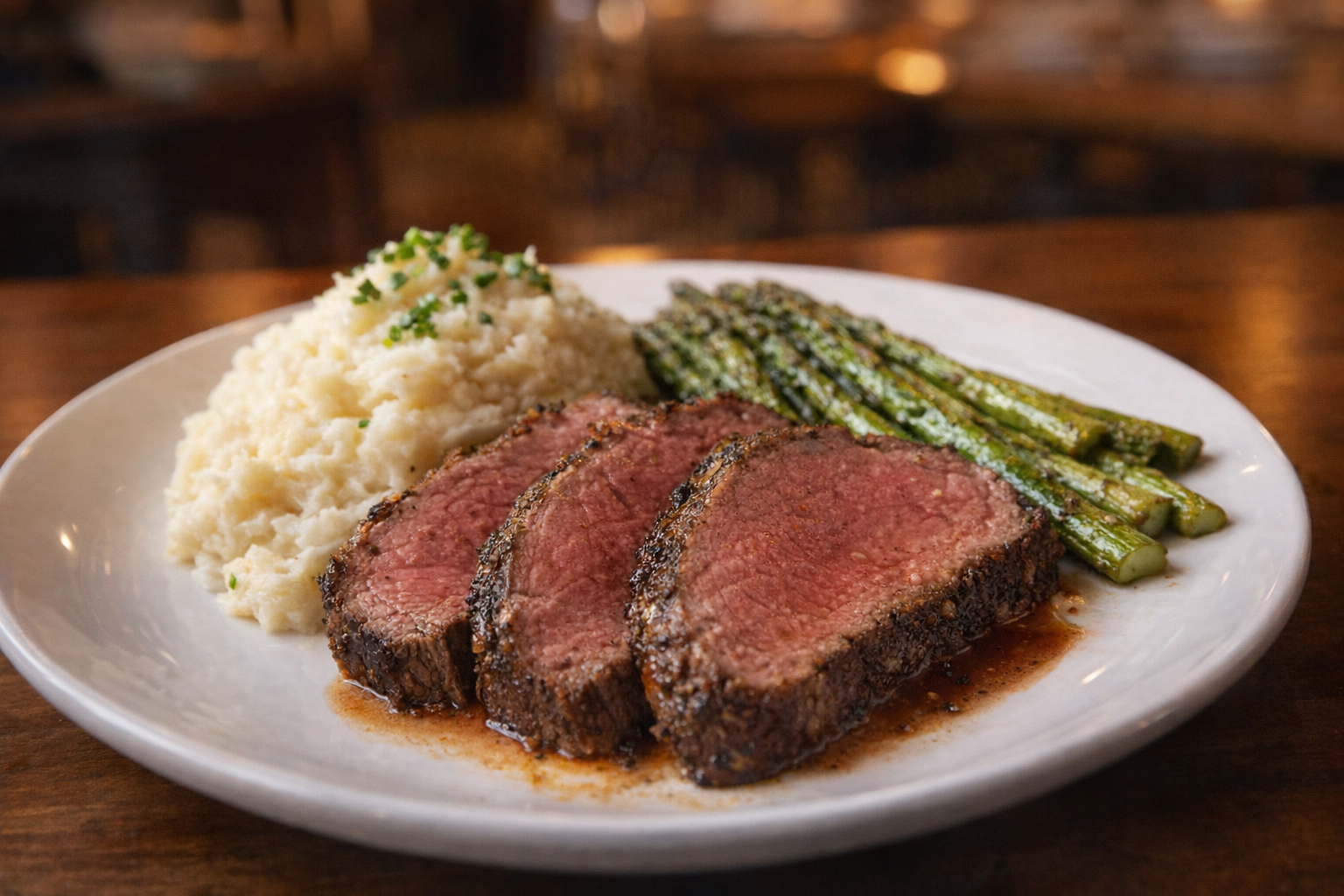 A 30-degree angle, medium shot of plated garlic mashed potatoes next to sliced, medium-rare steak and roasted asparagus, all on a white plate, warm restaurant lighting